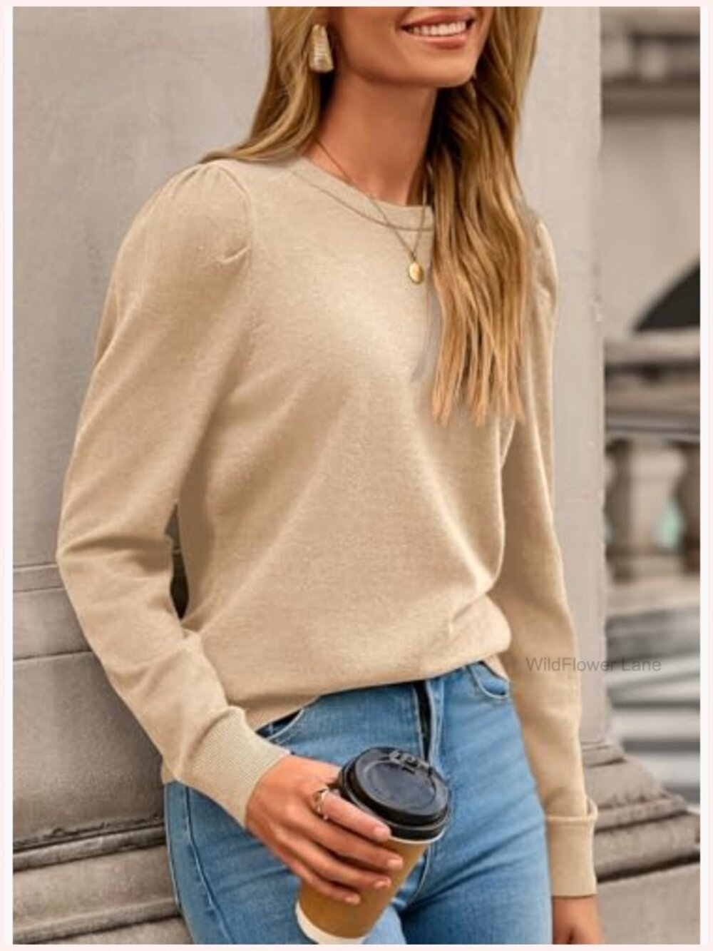 Crewneck Puff Sleeve Lightweight Wool Blend Pullover Jumper - Picture 5 of 7